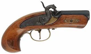 Derringer Pistol,
.45 caliber,  2-1/2" barrel, 
percussion, beech, brass trim,
no front sight, 
used, from a kit, made in Spain for Dikar